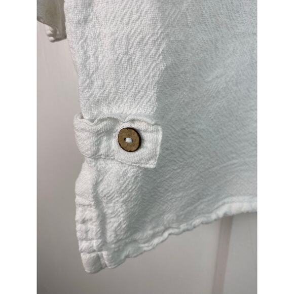 Drawstrings of Malibu Women's Size XS White 3/4 Sleeve V-Neck Cotton V-Neck Top - Picture 3 of 8